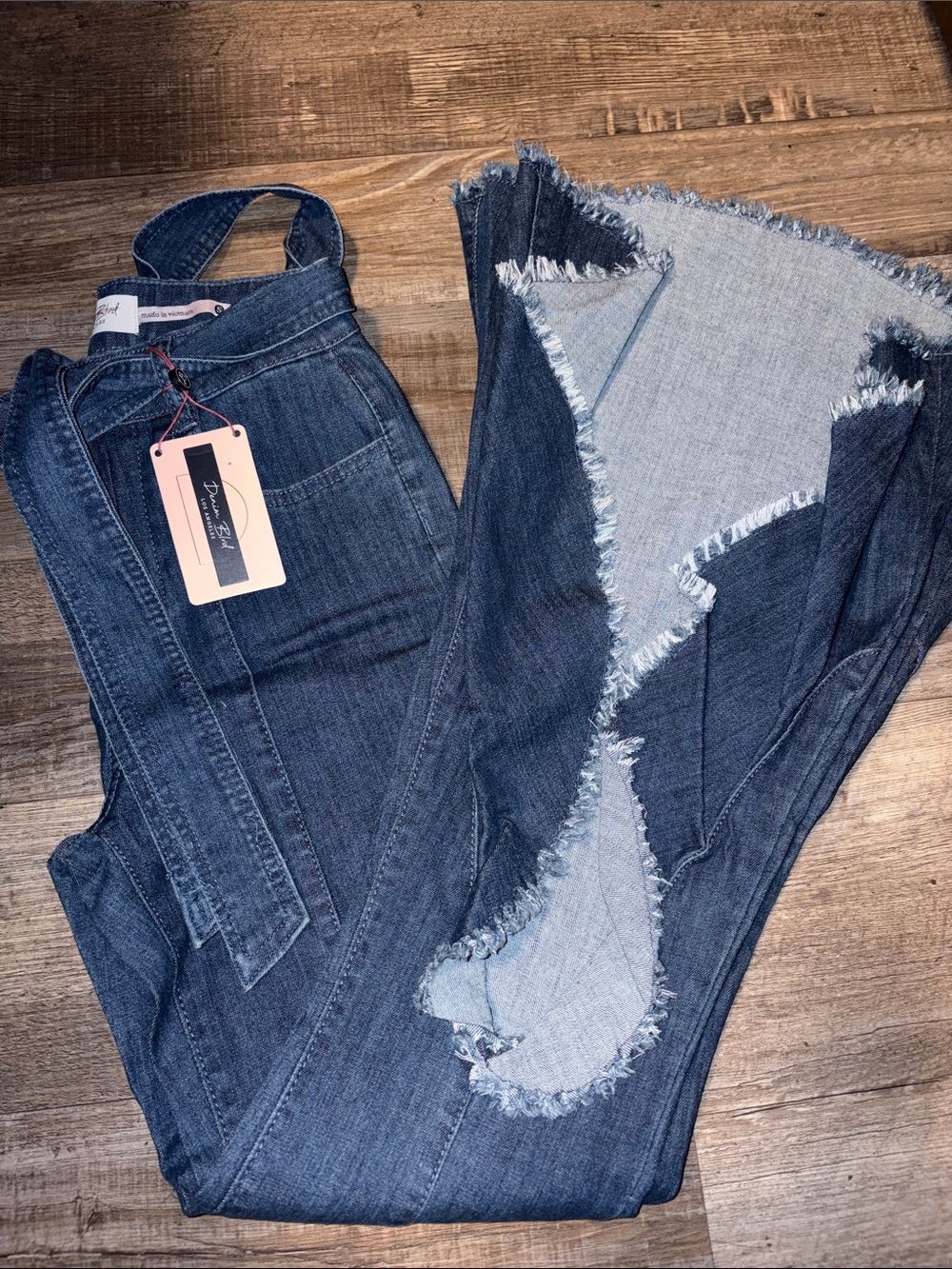 High-Rise Patchwork Wide-Leg Jeans in Dark Indigo